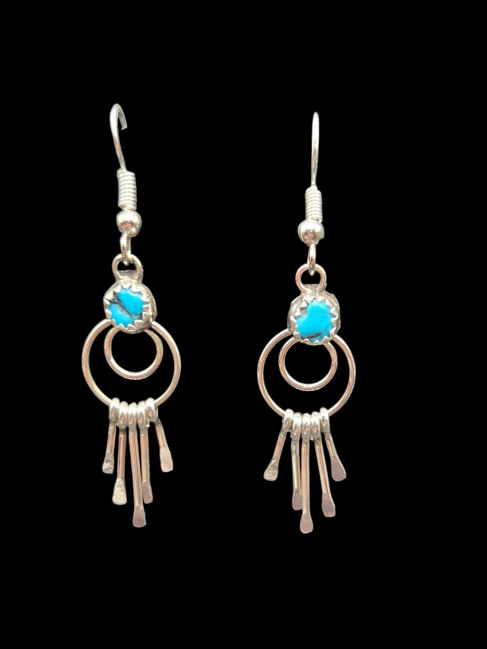 Sterling Silver Turquoise Double Ring Fringe Dangle Earrings Signed CY